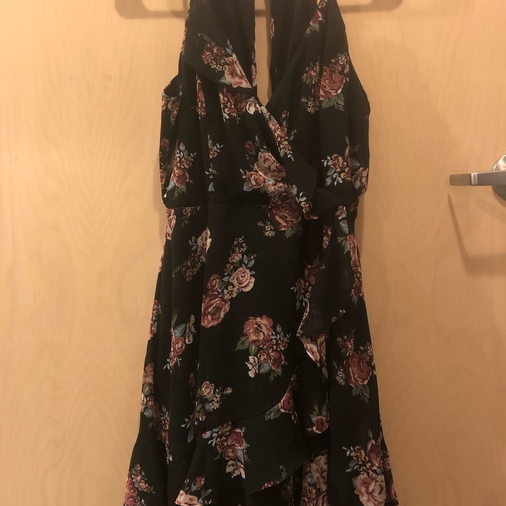 Black floral halter swing dress